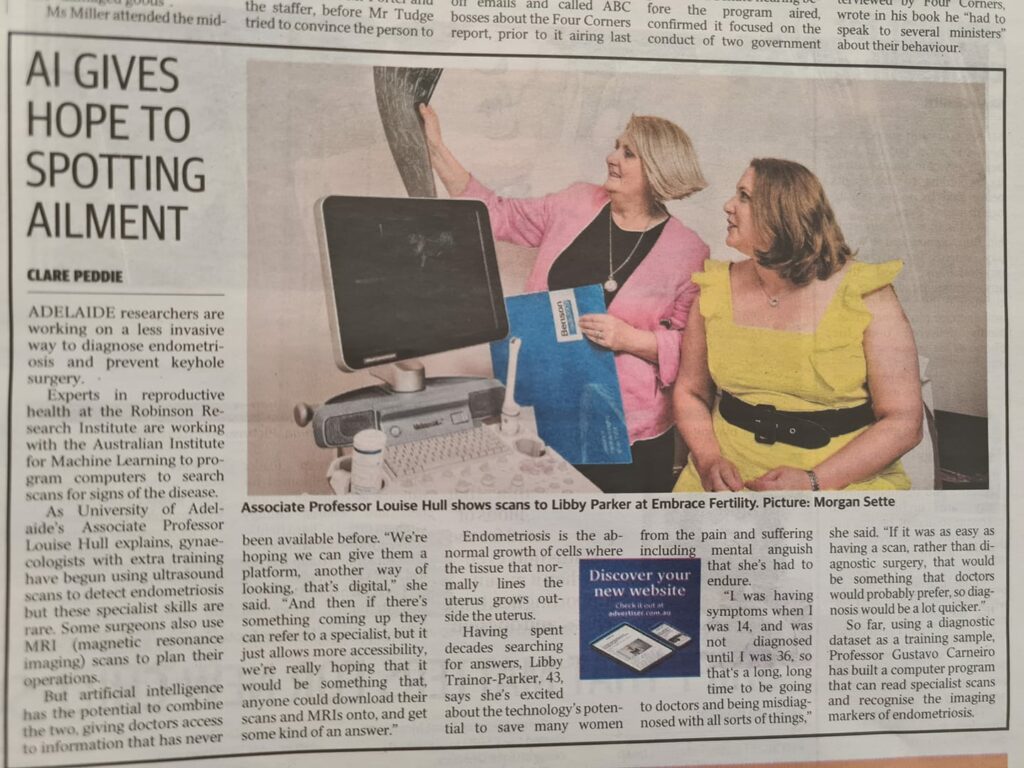 Professor Louise Hull and endometriosis advocate Libby Trainor Parker. Talking in the News and Media source, the Advertiser, about Imagendo